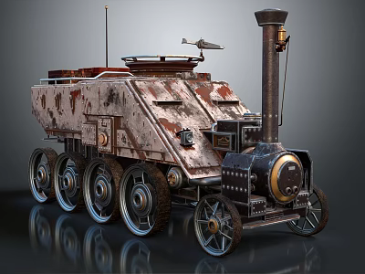 Steampunk Functional Vehicle With Rusty Body Multi Wheels And Steam Engine 3d model