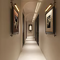 Modern Hotel Corridor Featuring Dark Wooden Doors Gold Handles Recessed Lighting And Decorative Plant