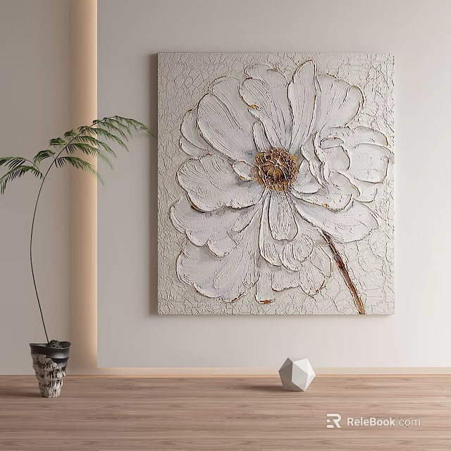 Botanical Flower Painting with White Textured Petals and Golden Center for Home Wall Decor 3d model 