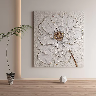 Botanical Flower Painting with White Textured Petals and Golden Center for Home Wall Decor 3d model