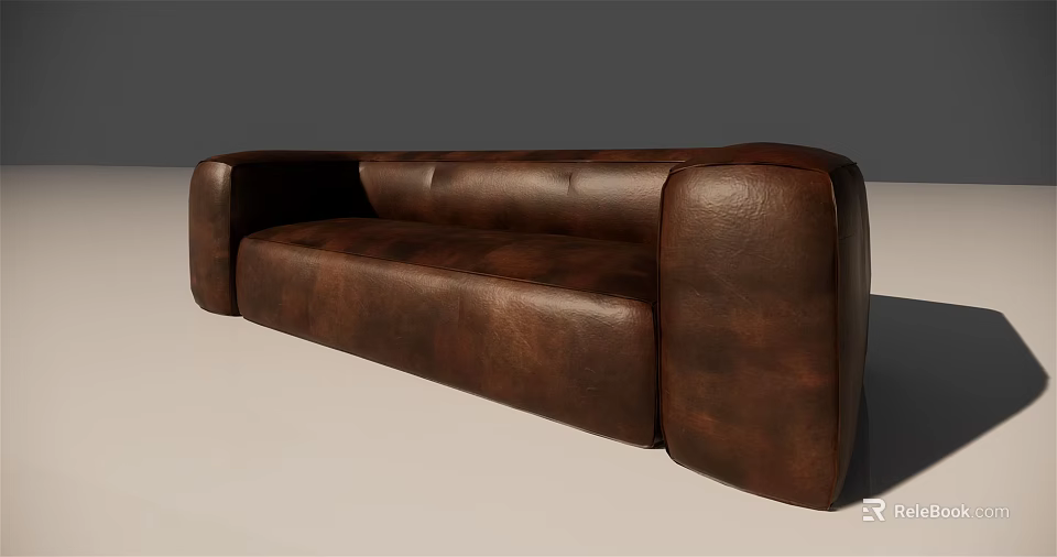 Brown Leather Multi-person Sofa With Modern Curved Design For Living Room 3d model 