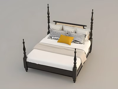 Dark Wooden Four Poster Double Bed With White Sheets Striped Pillows And Yellow Cushion 3d model