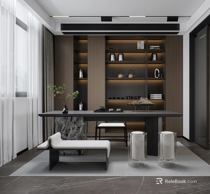 Elegant Modern Tea Room Interior With Wooden Shelves Tea Sets Stone Table And Warm Lighting 3d model 