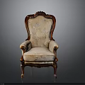 Antique Carved Wooden Chair With Light Colored Fabric And Floral Pattern