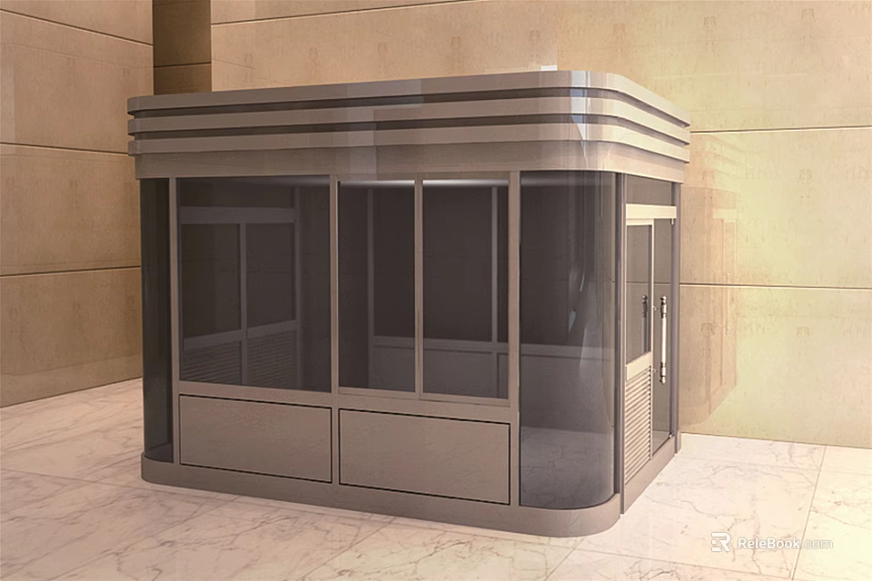 Modern Metal Security Booth With Glass Windows And Front Door Near Building 3d model 