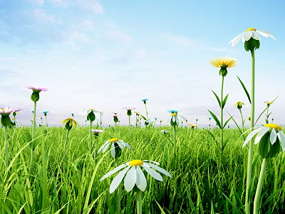 Colorful Flowers In Green Grass Field With Blue Sky And Natural Scenery 3d model