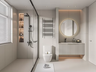 Modern Bathroom Interior With Shower Toilet Vanity Round Mirror And Shelves 3d model