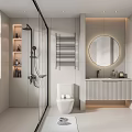 Modern Bathroom Interior With Shower Toilet Vanity Round Mirror And Shelves