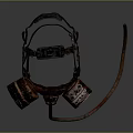 Vintage Brown Gas Mask Protective Gear Hanging on Metal Hook Gray Background
