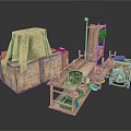 Vintage Household Supplies Including Wooden Crates Covered With Cloth And Mechanical Tools