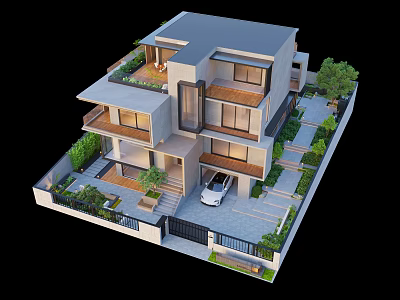 Modern Detached Villa Exterior Design With Garden Greenery Parking Space And Balcony 3d model