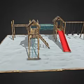 Wooden Playground Equipment with Red Slide Swings Climbing Net and Platforms