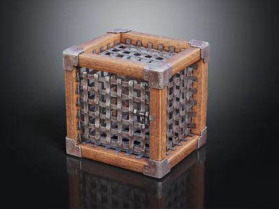 Decorative Ornament Set With Wooden Frame Metal Grid Cube Design And Corner Accents 3d model
