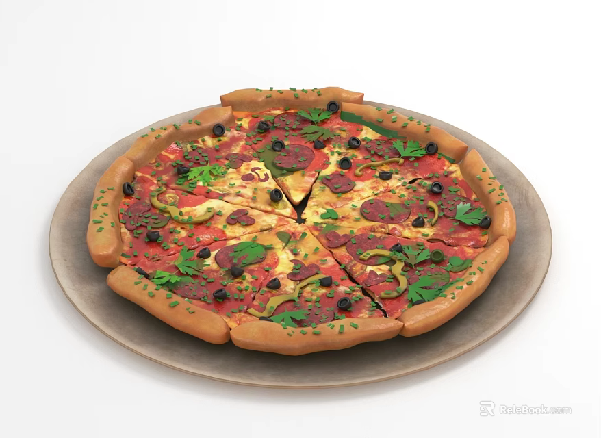 Freshly Baked Pizza Topped With Pepperoni Olives Parsley And Golden Crust On Plate 3d model 