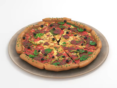 Freshly Baked Pizza Topped With Pepperoni Olives Parsley And Golden Crust On Plate 3d model