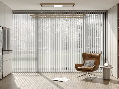 Home Balcony Design With White Vertical Blinds Brown Leather Chair Side Table And Natural Light 3d model