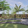 Rural Countryside Landscape With Palm Trees Green Trees Stone Pathway And Wooden Cart