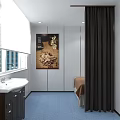 Clinic Room Interior With Wooden Ceiling Desk Computer Green Plant And Blue Carpet