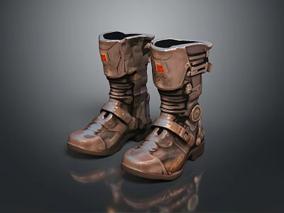 Mechanical Style Metallic Texture Boots With Buckle Design And Red Accents 3d model