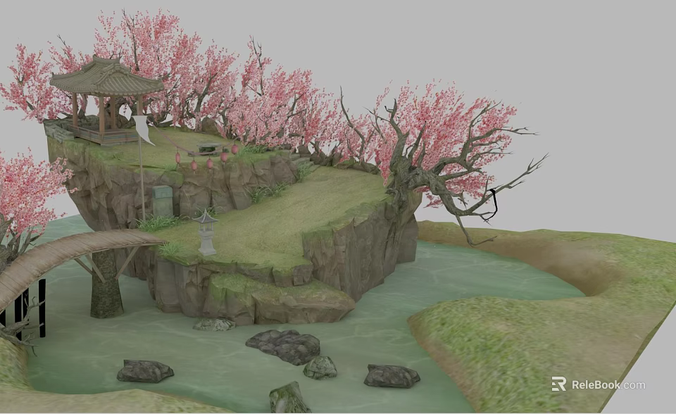 Fresh Picnic Food Arranged Under Cherry Blossom Trees By River 3d model 