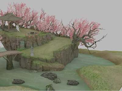 Fresh Picnic Food Arranged Under Cherry Blossom Trees By River 3d model
