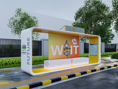 Modern Future Themed Station With Yellow White Structure Green Trees And Bench 3d model