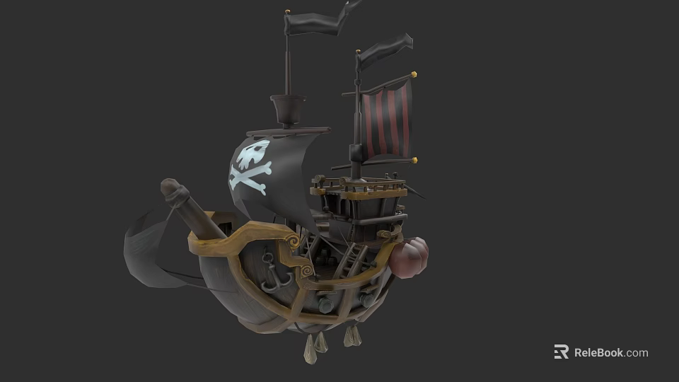 Pirate Themed Sailing Ship Model With Jolly Roger Flag Wooden Structure And Cannon Details 3d model 