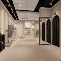 Clothing Store Exterior with Arched Entrance Window Display Mannequins White Building Street and Green Trees