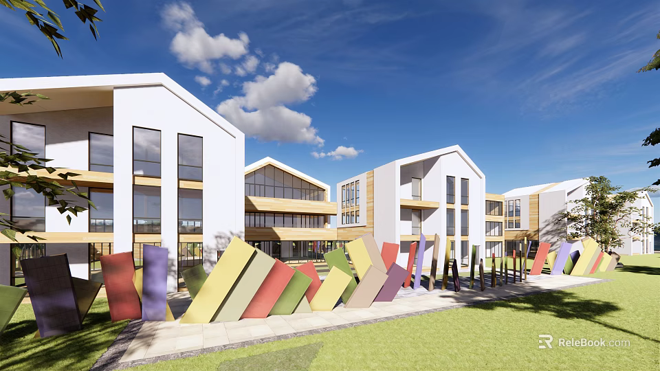 Modern White Multistory School Buildings Featuring Large Glass Windows Colorful Geometric Decorations And Green Lawn 3d model 