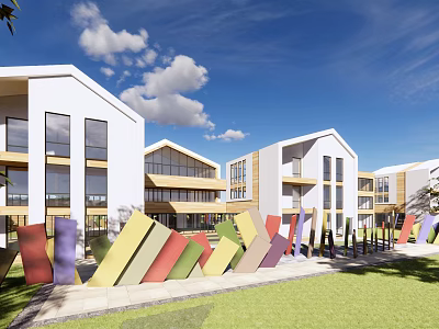 Modern White Multistory School Buildings Featuring Large Glass Windows Colorful Geometric Decorations And Green Lawn 3d model