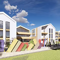 Modern White Multistory School Buildings Featuring Large Glass Windows Colorful Geometric Decorations And Green Lawn