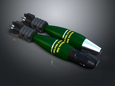 Two Green Military Bombs With Yellow Text Labels And Metal Tips Weapon Design 3d model