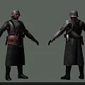 Man Wearing Military Helmet And Long Dark Coat With Leather Backpack