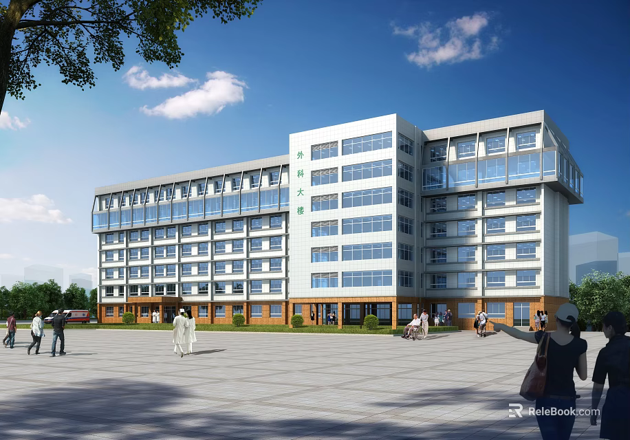 Modern Multi Storey Hospital Building With Glass Curtain Wall Plaza Green Trees And People 3d model 