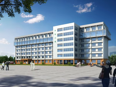 Modern Multi Storey Hospital Building With Glass Curtain Wall Plaza Green Trees And People 3d model