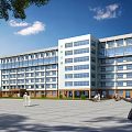 Modern Multi Storey Hospital Building With Glass Curtain Wall Plaza Green Trees And People