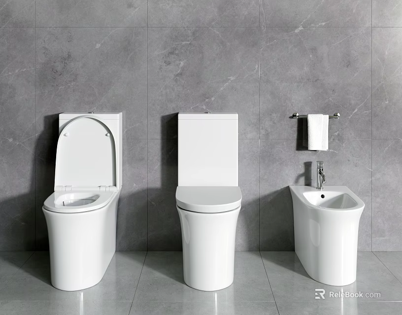 Two Modern White Toilets in Bathroom With Gray Tiled Wall and Washbasin 3d model 