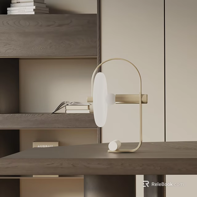 Contemporary Minimalist Table Lamp With White Circular Shade And Gold Metal Frame On Wooden Desk 3d model 