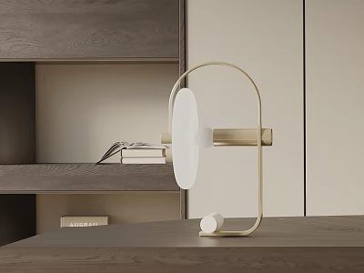 Contemporary Minimalist Table Lamp With White Circular Shade And Gold Metal Frame On Wooden Desk 3d model