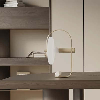 Contemporary Minimalist Table Lamp With White Circular Shade And Gold Metal Frame On Wooden Desk 3d model