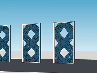 Three Blue Geometric Pattern Feature Walls With Silver Frame And Outdoor View 3d model