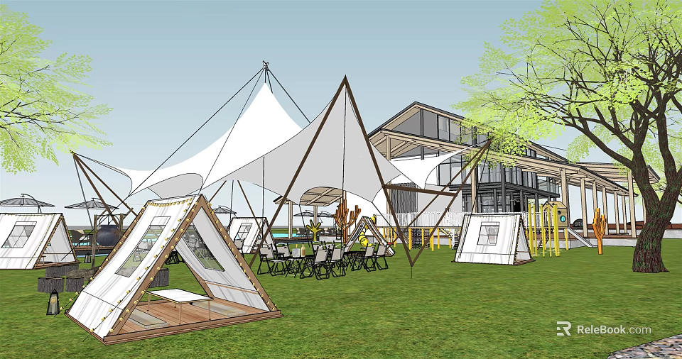 Garden Landscape Featuring White Tents Lawn Seating And Modern Building With Trees 3d model 