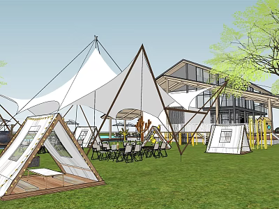 Garden Landscape Featuring White Tents Lawn Seating And Modern Building With Trees 3d model