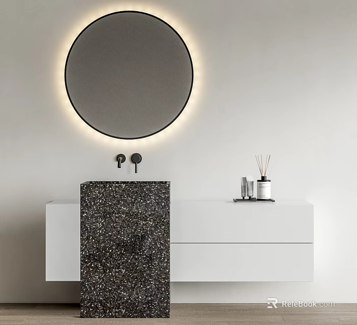 Modern Bathroom Vanity With Round Illuminated Mirror Dark Textured Countertop And White Cabinet Design 3d model 