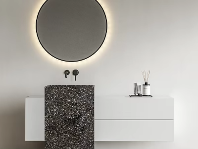 Modern Bathroom Vanity With Round Illuminated Mirror Dark Textured Countertop And White Cabinet Design 3d model