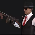 Man Wearing White Checkered Shirt Red Tie Dark Plaid Vest And Black Gloves Holding Shotgun