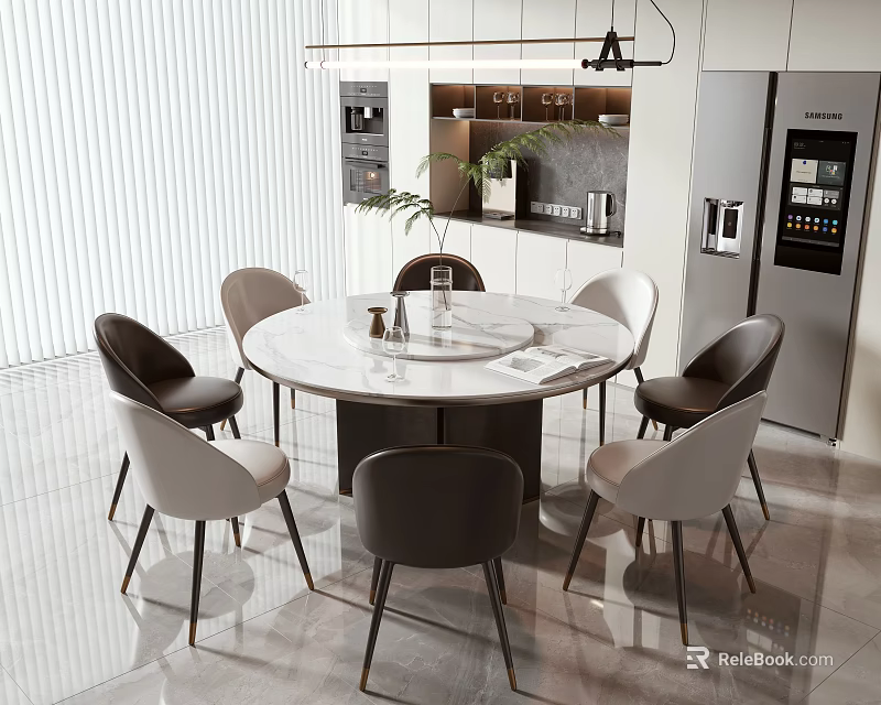 Modern Round Dining Table With Marble Top And Gray Beige Chairs In Open Kitchen 3d model 