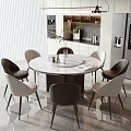 Modern Round Dining Table With Marble Top And Gray Beige Chairs In Open Kitchen 3d model