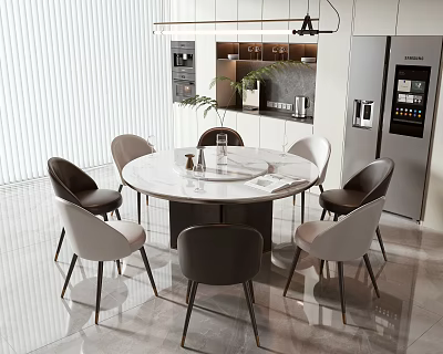 Modern Round Dining Table With Marble Top And Gray Beige Chairs In Open Kitchen 3d model