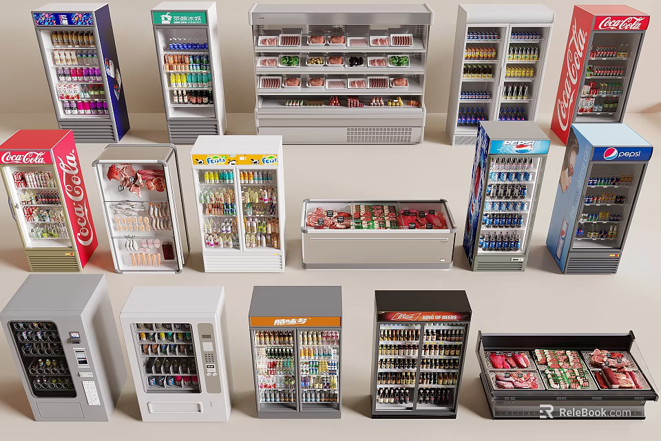Various Commercial Refrigerators And Freezers For Drink Display And Food Storage 3d model 
